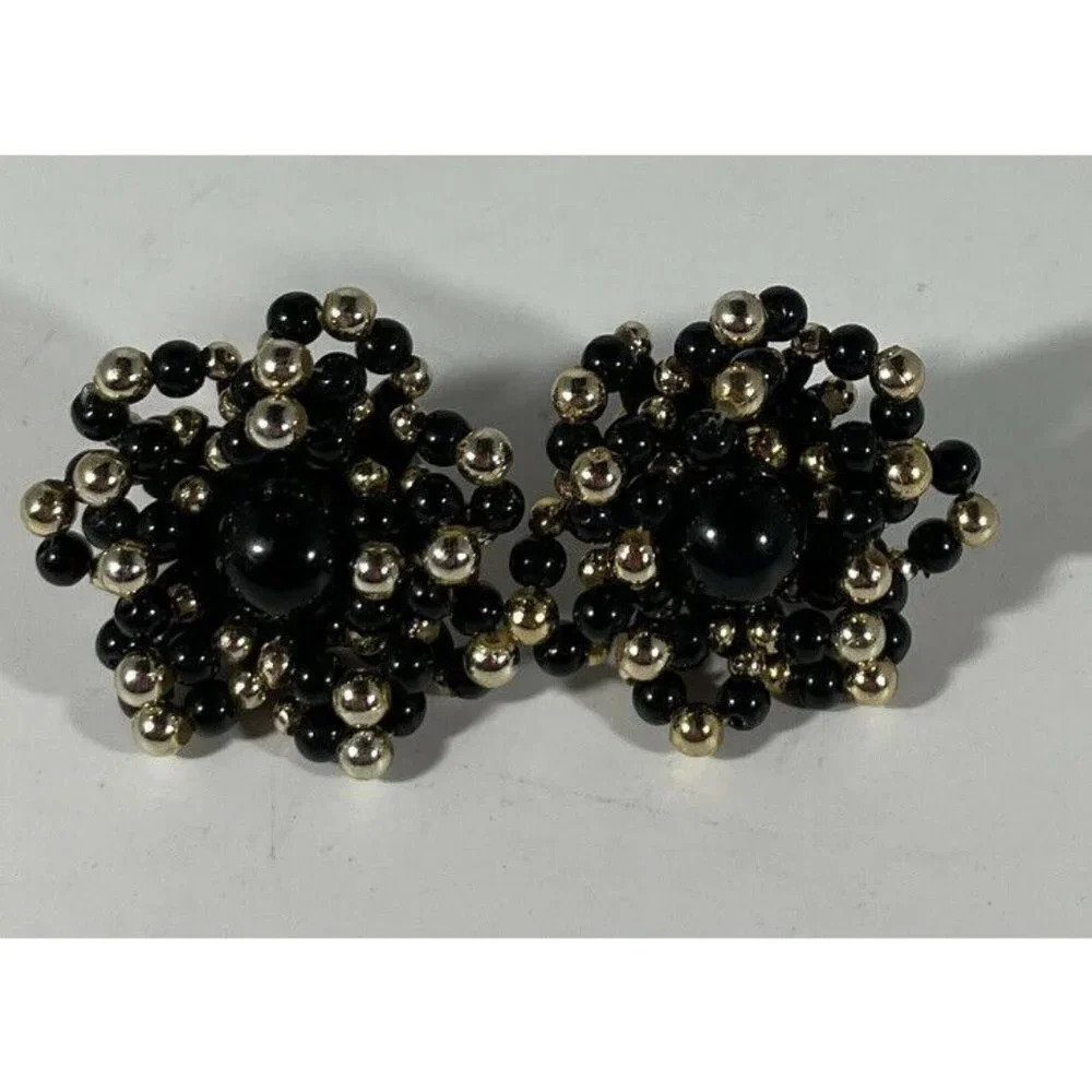 Black Gold Tone Lucite Bead Cluster Chunky Pierced Earrings‎ Vintage